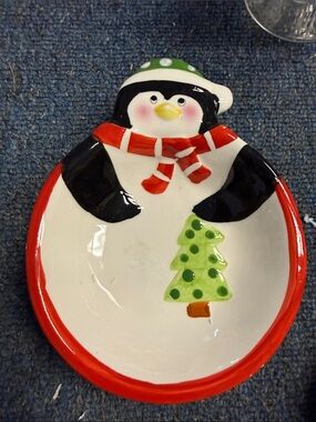 Festive Penguin Christmas Candy Dish - Red, Black, White & Green